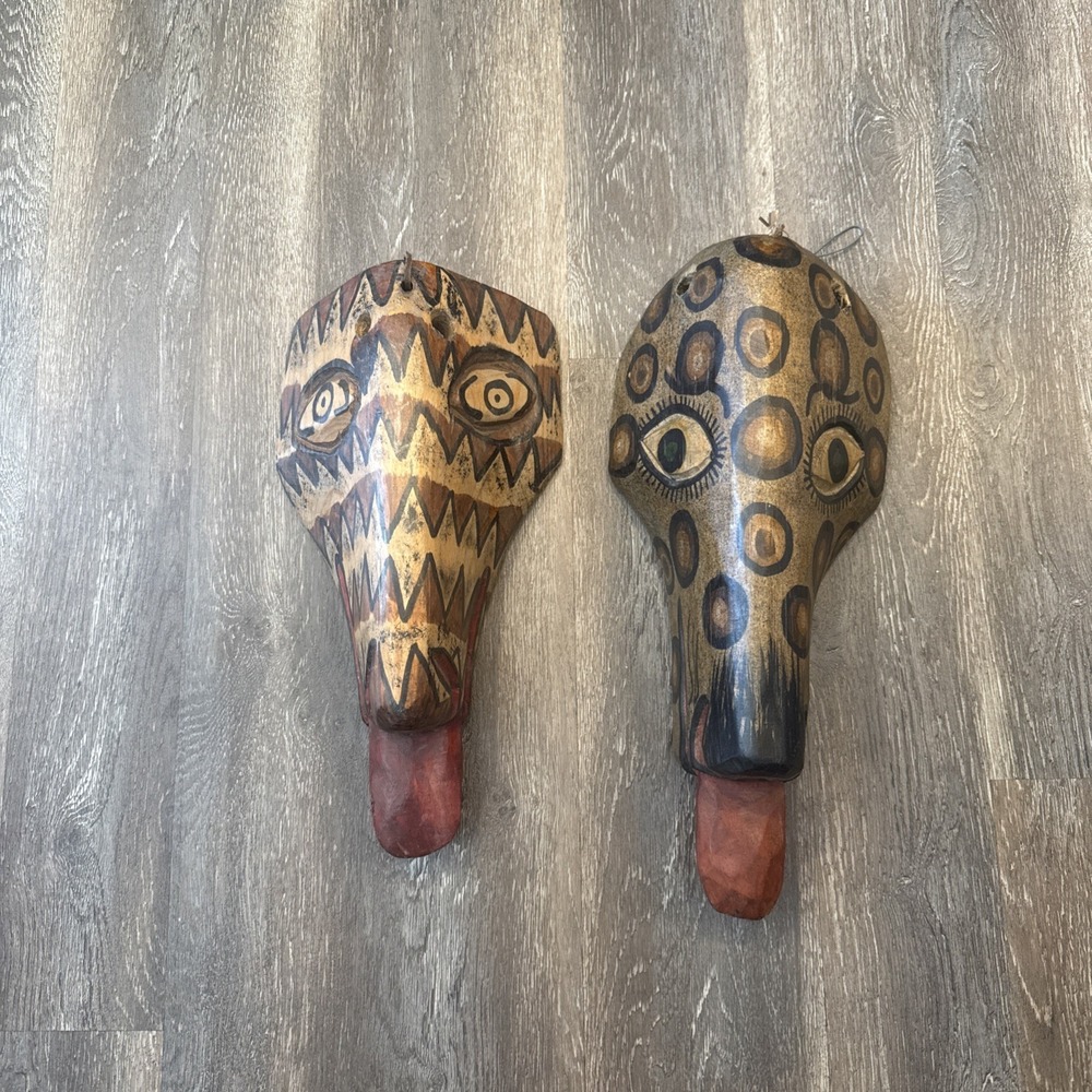 Pair Of Vintage Guatemalan Folk Art Wood Animal Masks Hand Carved Painted 14-15"